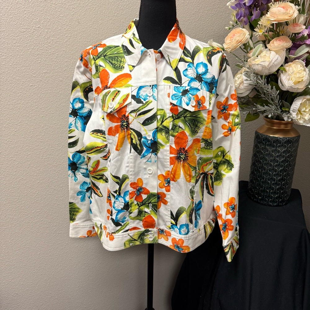 Alfred Dunner 14P Petite Floral Jacket Cotton Stretch Button Front Spring Top